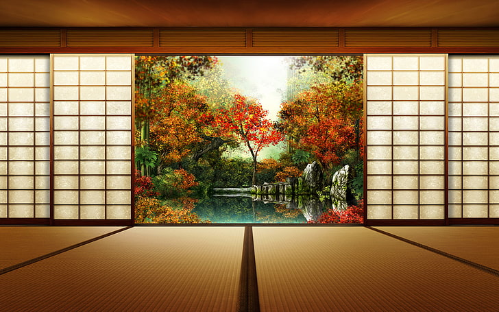 赤と緑の葉の木の壁のアートワーク、秋、日本、ドア、 HDデスクトップの壁紙