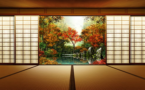 opera d'arte a parete con alberi a foglie rosse e verdi, autunno, Giappone, porta, Sfondo HD HD wallpaper