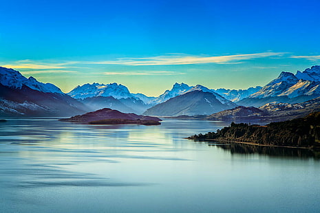 mountains near body of water during daytime, On The Road, Road to, Glenorchy, body of water, daytime, Winter, clouds, landscape, nature, new zealand, queenstown, lake  mountains, peace, south, mountain, lake, mountain Peak, scenics, snow, outdoors, mountain Range, reflection, sky, travel, water, beauty In Nature, blue, HD wallpaper HD wallpaper