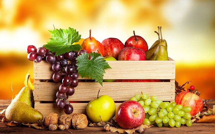 Hälsosam fruktkorg, frukt, äpplen, druvor, päron, HD tapet