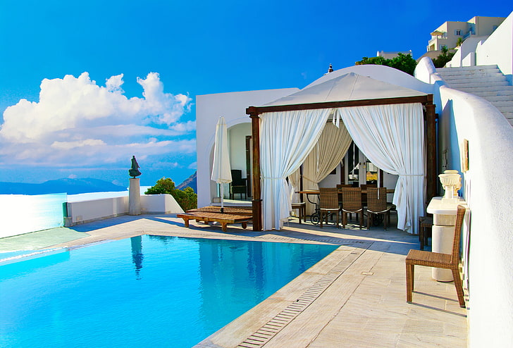 biała zasłona, morze, krajobraz, natura, dom, Santorini, Grecja, Tapety HD