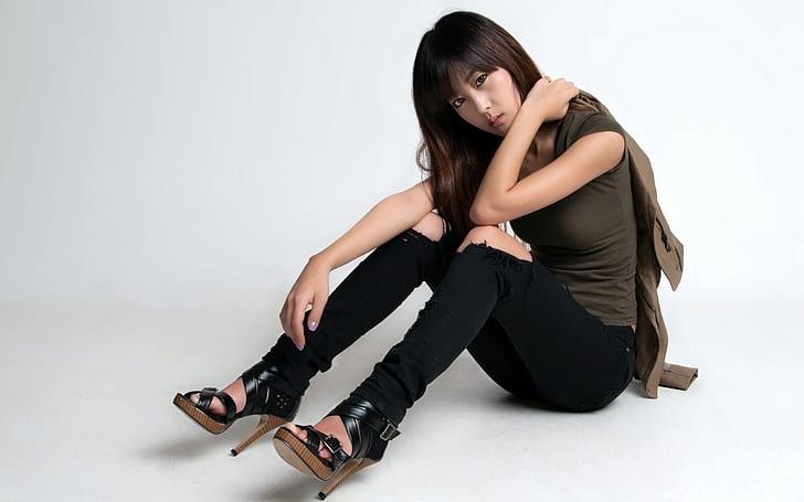 Moda ragazza coreana, sedersi sul pavimento, moda, coreano, ragazza, sedersi, piano, Sfondo HD