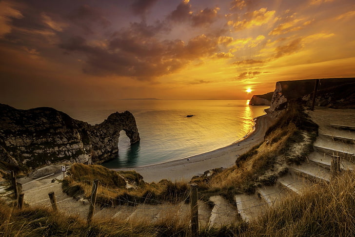 Earth, Durdle Door, Dorset, England, Horizon, Ocean, Rock, Sea, Sunset, HD wallpaper