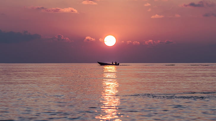 morze, łódź, zachód słońca, horyzont, Thoddoo, Malediwy, Tapety HD