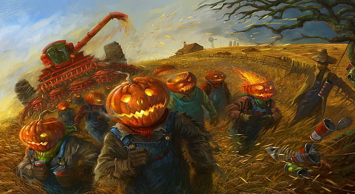 halloween, holiday, field, grain, people, pumpkin, running, scare crow illustration, halloween, holiday, field, grain, people, pumpkin, running, HD wallpaper