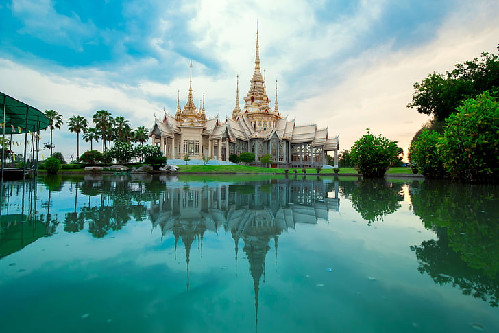 architecture, art, beautiful, buddhism, buddhist, building, church, clouds, culture, exotic, lake, luxury, outdoors, reflection, religion, religious, sacred, sky, spirituality, temple, thailand, tourism, travel, trees, HD wallpaper