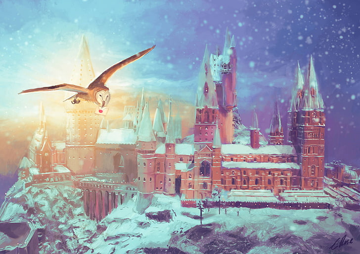 pintura de castelo coberto de neve, arquitetura, castelo, árvores, natureza, arte digital, pássaros, coruja, inverno, neve, ilustração, rocha, torre, arte da fantasia, Hogwarts, arte dos fãs, pintura, HD papel de parede