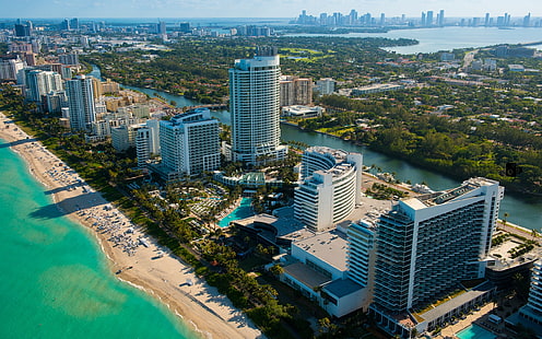 Miami, Floride, USA, paysage de la ville, gratte-ciel, plage, mer, rivière, Miami, Floride, USA, ville, paysage, gratte-ciel, plage, mer, rivière, Fond d'écran HD HD wallpaper