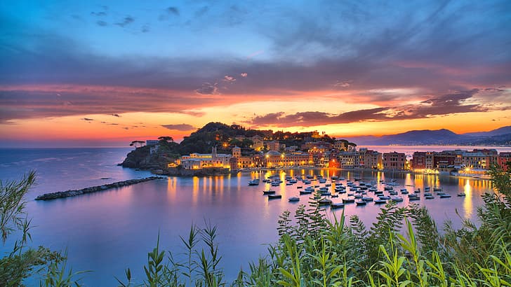 mar, puesta de sol, edificio, casa, Bahía, Italia, barcos, Liguria, Sestri Levante, Bahía del Silencio, Fondo de pantalla HD