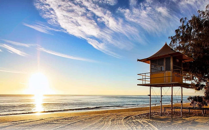 Australia, beach, clouds, landscape, Lifeguard Stands, nature, sand, sea, sunrise, Trees, HD wallpaper