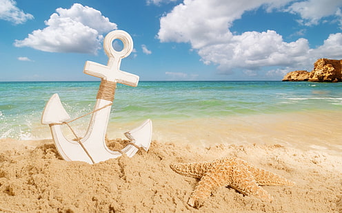 anchor on the beach-HD Widescreen Wallpaper, white anchor, HD wallpaper HD wallpaper