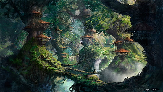 anime, fantasy art, paesaggio, alberi, opere d'arte, Sfondo HD HD wallpaper