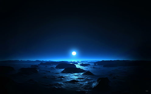 Sea & Moon di Mid Night, moon, night, nature dan landscape, Wallpaper HD HD wallpaper