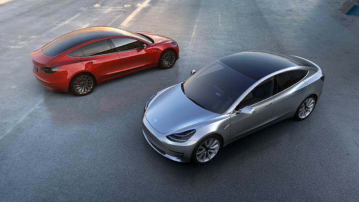två röda och silver sedans, Tesla Model 3 Prototype, elbilar, sedan, Elon Musk, HD tapet