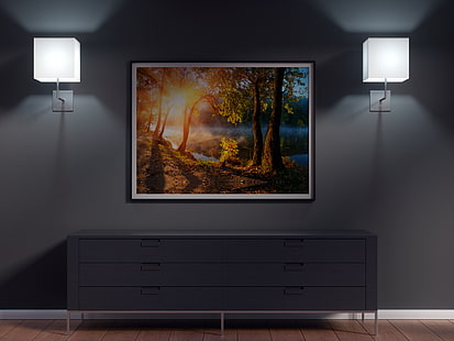 الجدار ، الأضواء ، إطارات الصور ، الدرج، خلفية HD HD wallpaper