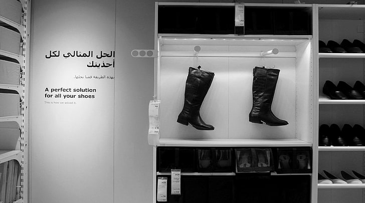 abstract, arabic, arrange, black, blackandwhite, boots, furniture, hanging, ikea, saudi, shoes, simple, white, HD wallpaper