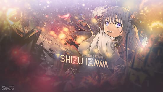 anime dziewczyny, podpis, Shizu Izawa, Tensei Shitara Slime Datta Ken, Izawa Shizu, czerwony, czarny, żółty, biały, niebieski, Tapety HD HD wallpaper