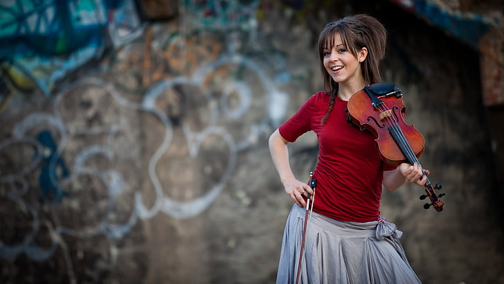 women's brown violin, Lindsey Stirling, violin, women, musician, HD wallpaper