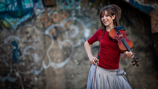 women's brown violin, Lindsey Stirling, violin, women, musician, HD wallpaper HD wallpaper
