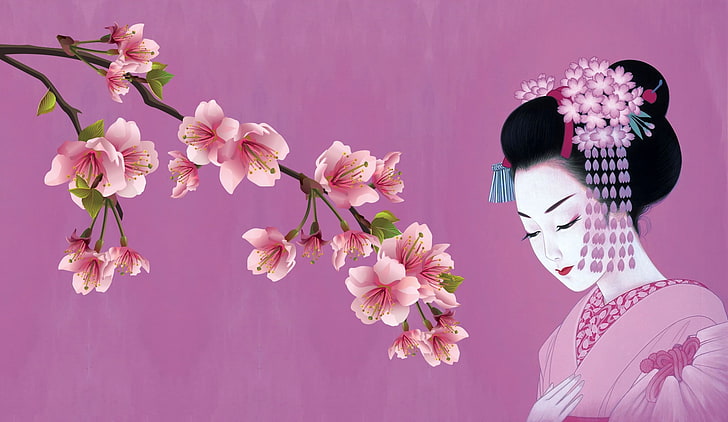 niña, japonés, primavera, Sakura, arte, kimono, tradición, kanzashi, Fondo de pantalla HD