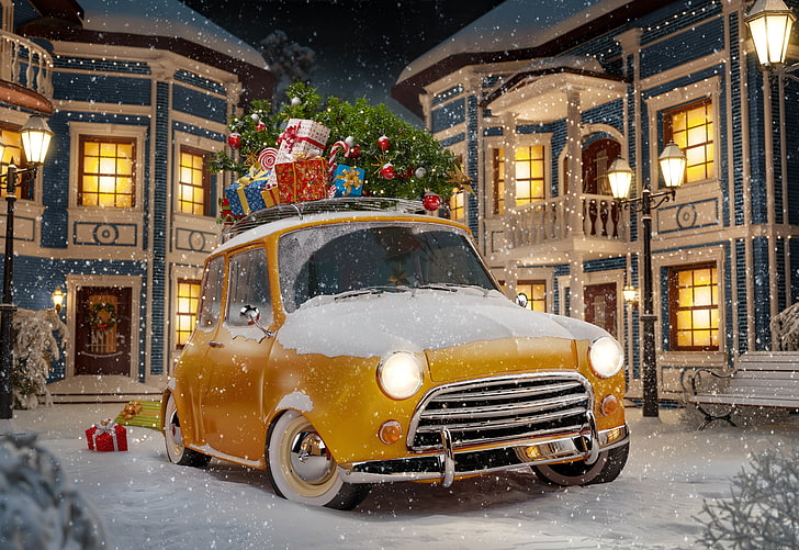 yellow car, winter, auto, snow, snowflakes, yellow, abstraction, retro, background, lights, toys, tree, art, gifts, Parking, town, car, miracles, beautiful, the front, Souvenirs, wallpaper., front, HD wallpaper