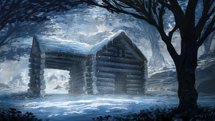 Painting, art, winter, brown wooden cabin, snow, trees, winter, house, art, painting, HD wallpaper