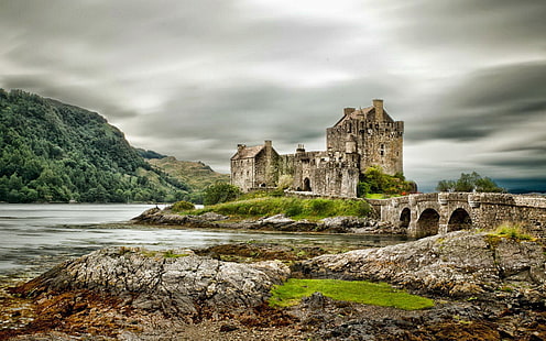Zamki, zamek, most, zamek Eilean Donan, jezioro, góra, Tapety HD HD wallpaper