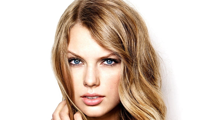 Taylor Swift, celebridade, loira, mulheres, rosto, olhos azuis, cantor, cabelo tocante, batom rosa, boca aberta, cabelos longos, fundo branco, HD papel de parede