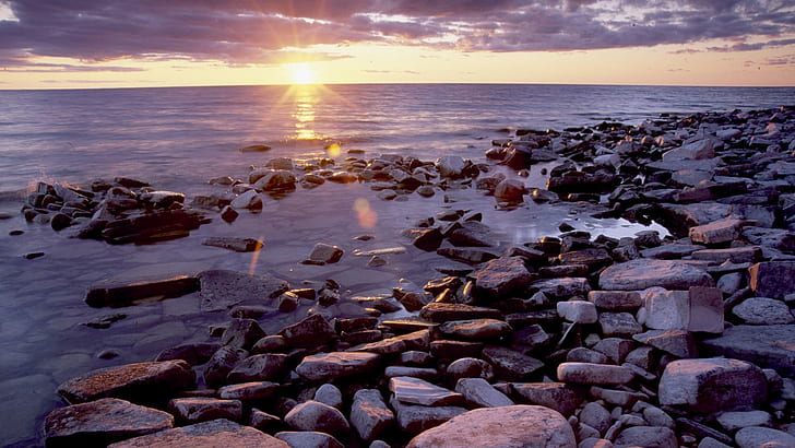 Восход солнца на заливе Эллисон, штат Висконсин, берег, восход солнца, озеро, скалы, природа и пейзажи, HD обои