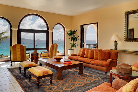 sofá de 3 plazas de tela marrón, sala, mesa, muebles, estilo, interior, Fondo de pantalla HD HD wallpaper