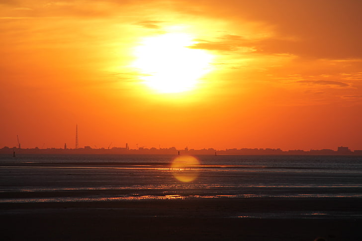 sunset, North Sea, horizon, Sun, orange, HD wallpaper