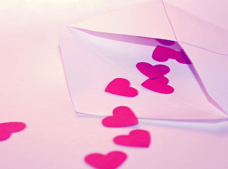 Lettera d'amore, cuori ritagliati rosa, vacanze, San Valentino, amore, sfondo, cuori, romantico, giorno di san valentino, Sfondo HD