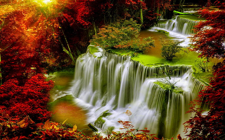 Cascade Falls-Есен-гора-червени листа-слънчева светлина-Desktop HD Wallpaper за мобилни телефони-Tablet и PC-2560 × 1600, HD тапет