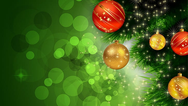 Weihnachten im Grün, glänzend, Dekorationen, Weihnachten, Kugeln, Baum, Grün, feliz navidad, Goldsterne, Gold, Glühen, HD-Hintergrundbild