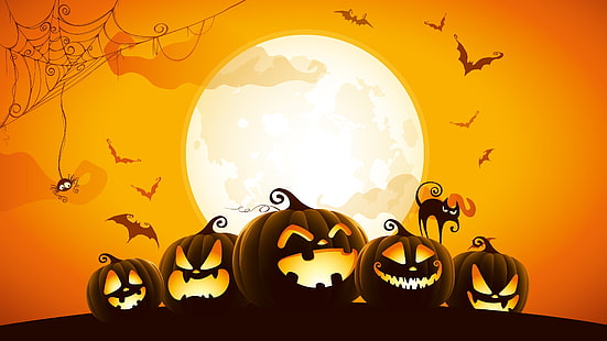  spider, Halloween, moon, cat, orange, holiday, digital art, bats, pumpkins, black cat, spooky, spider web, HD wallpaper HD wallpaper