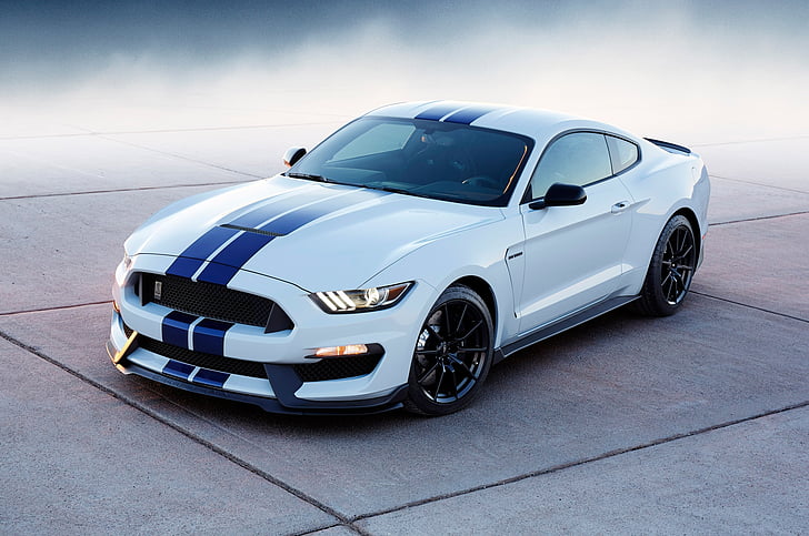 white car on gray flooring, Ford Mustang, Shelby GT350, 2016, HD, HD wallpaper