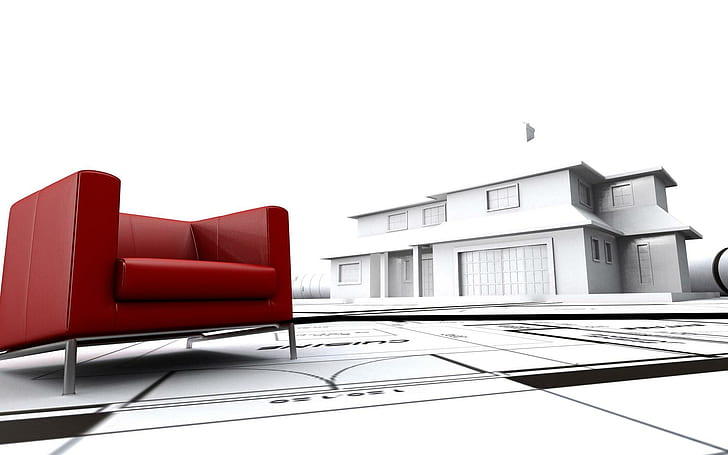 Silla roja sobre plano de la casa, sillón de cuero rojo, 3d, 1920x1200, casa, silla, plano, Fondo de pantalla HD