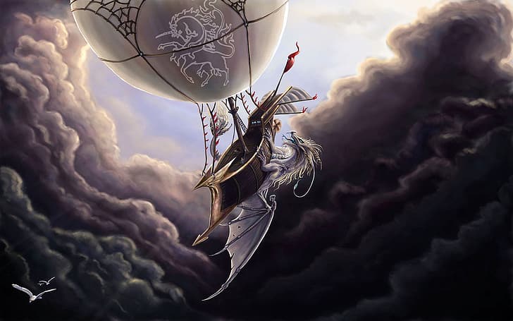 the sky, clouds, ball, seagulls, attack, sky, aircraft, albino, fantasy art, balloon, white dragon, воздушное судно, HD wallpaper