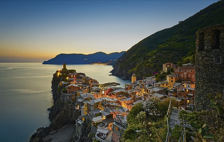 mar, montanhas, a cidade, casa, à noite, Itália, Vernazza, Ligúria, HD papel de parede