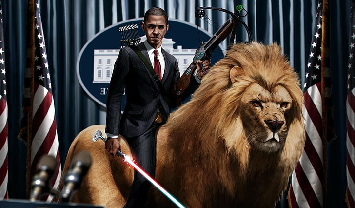 barack obama digital art artwork lightsaber lion crossbows presidents humor flag, HD wallpaper