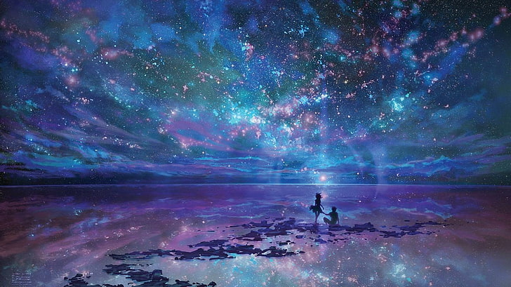 purple and teal galaxy wallpaper, silhouette photo of man proposing to woman, anime, landscape, clouds, stars, couple, HD wallpaper