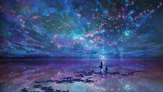 papel de parede da galáxia roxa e verde-azulado, foto da silhueta do homem que propõe a mulher, anime, paisagem, nuvens, estrelas, casal, HD papel de parede HD wallpaper
