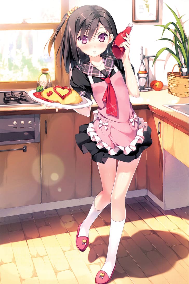 Kantoku, Shizuku (Kantoku), anime, anime girls, dark hair, short hair, Side ponytail, bangs, pink eyes, blush, closed mouth, black dress, apron, knee-highs, slippers, plate in hand, omelette, ketchup, kitchen, Countertops, cabinets, stove, tomatoes, plants, sink, wooden floor, window, painting, Bushes, olive oil, Pepper, baskets, looking at viewer, artwork, digital art, 2D, Moritz, HD wallpaper