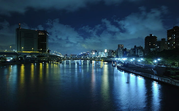 Ciudad capital, Beijing, ciudad capital, Beijing, China, Noche, noche, luces, río, frente al mar, puente, agua, reflexión, Fondo de pantalla HD