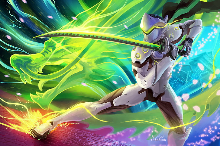 person holding sword digital wallpaper, Overwatch, Genji (Overwatch), sword, colorful, dragon, HD wallpaper