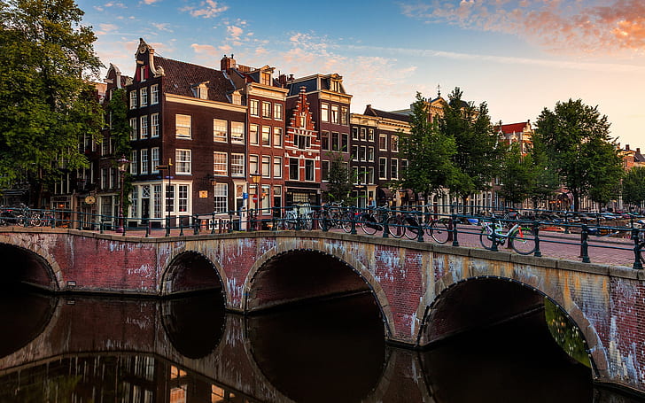 Amsterdam, Nederlands, city bridge, river, houses, Amsterdam, Nederlands, City, Bridge, River, Houses, HD wallpaper