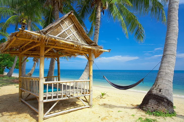 cabana nipa marrom, rede, bangalô, costa, praia, resto, recurso, tranquilidade, relaxar, palmeiras, paraíso, HD papel de parede