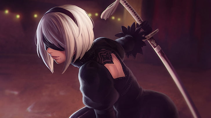 mujer con ilustración de espada, cabello plateado, katana, vestido negro, Nier: Automata, 2B (Nier: Automata), NieR, Fondo de pantalla HD