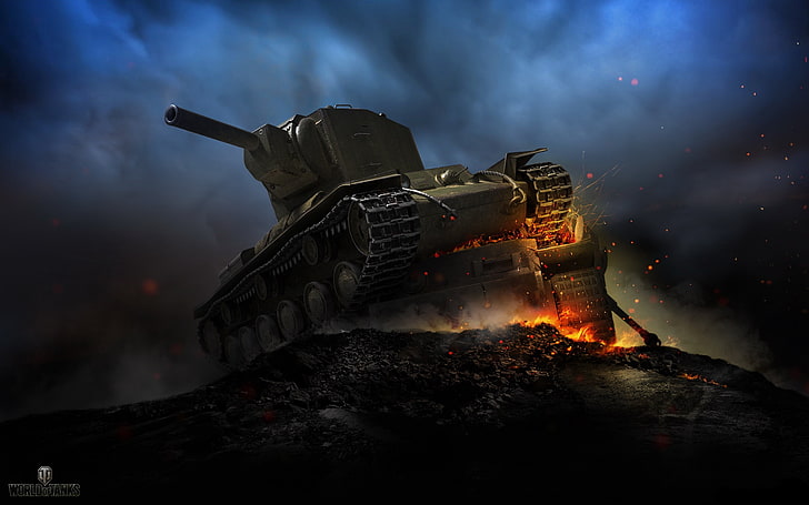 сив военен танк, нощ, огън, дим, мощност, изкуство, искри, танк, броня, СССР, тежък, съветски, KV-2, World of Tanks, Klim Voroshilov, HD тапет