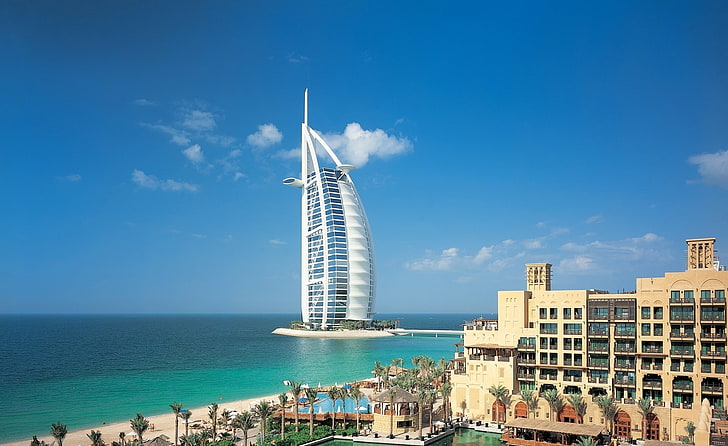 Dubai Kongre ve Sergi Sarayı, Dubai, dubai, birleşik arap emirlikleri, şehir, gökyüzü, bulutlar, binalar, deniz, nehir, su, HD masaüstü duvar kağıdı